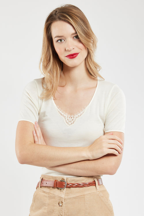 T-shirt col dentelle - laine et soie - Armor-lux - 2