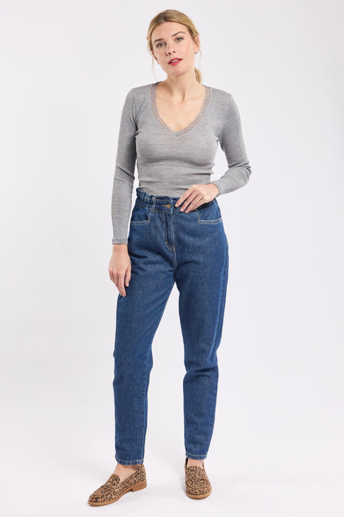 T-shirt with embroidered V-neck – wool and silk - Armor-lux - 2