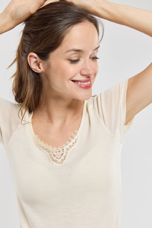 T-shirt col dentelle - laine et soie - Armor-lux - 2
