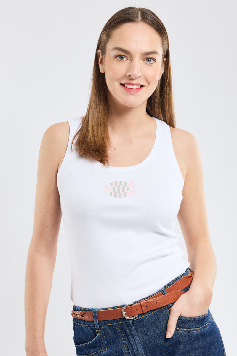 Débardeur Femme Blanc - Taille 40 - Haut à Bretelles - Motif Fleuri Coloré - Très Bon état