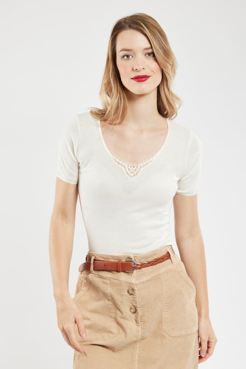 T-shirt col dentelle - laine et soie - Armor-lux - 1