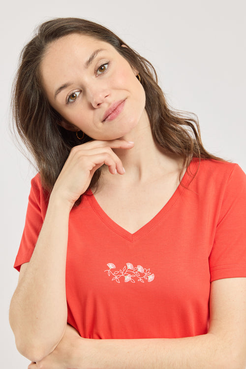 T-Shirt mit V-Ausschnitt Blumen - leichte Baumwolle - Armor-lux - 1