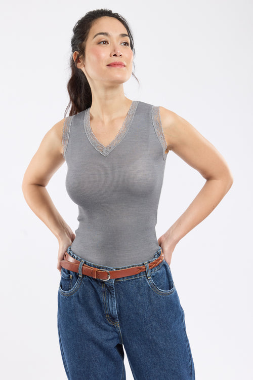 Débardeur col dentelle - laine et soie - Armor-lux - 1
