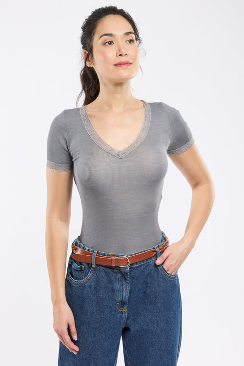 T-Shirt mit V-Ausschnitt – Wolle und Seide - Armor-lux - 1