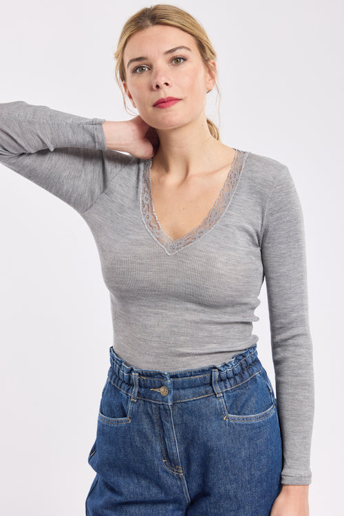 T-shirt with embroidered V-neck – wool and silk - Armor-lux - 1