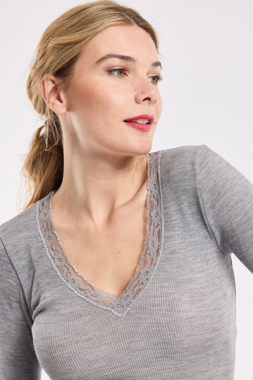 T-shirt with embroidered V-neck – wool and silk - Armor-lux - 3