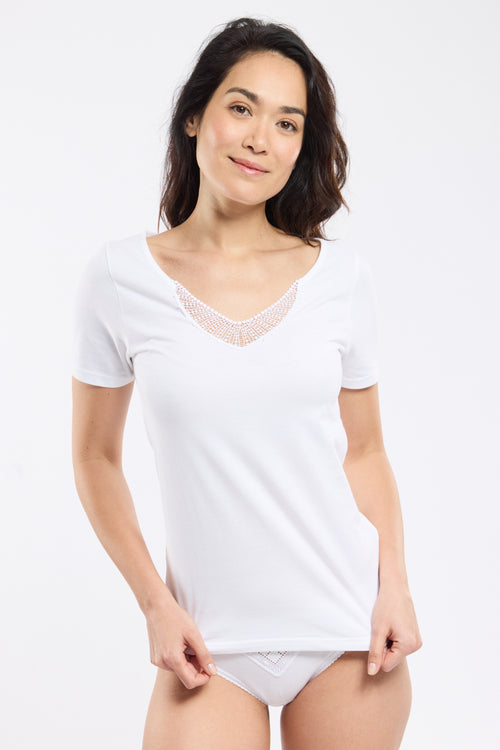 T-shirt col dentelle - coton peigné - Armor-lux - 1