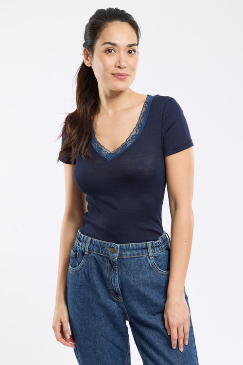 T-shirt col dentelle - laine et soie - Armor-lux - 1