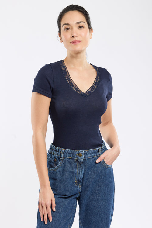 T-shirt with lace around the neckline – wool and silk - Armor-lux - 1