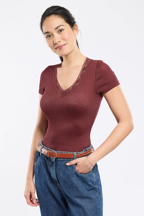 T-Shirt mit Spitzenausschnitt – Wolle und Seide - Armor-lux - 1