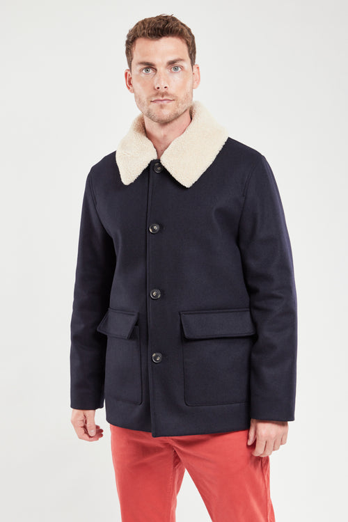 Sherpa fleece-collared coat - wool broadcloth - Armor-lux - 1