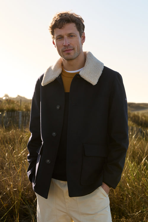 Sherpa fleece-collared coat - wool broadcloth - Armor-lux - 1