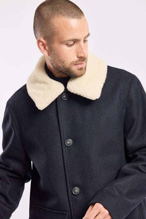 Sherpa fleece-collared coat - wool broadcloth - Armor-lux - 2