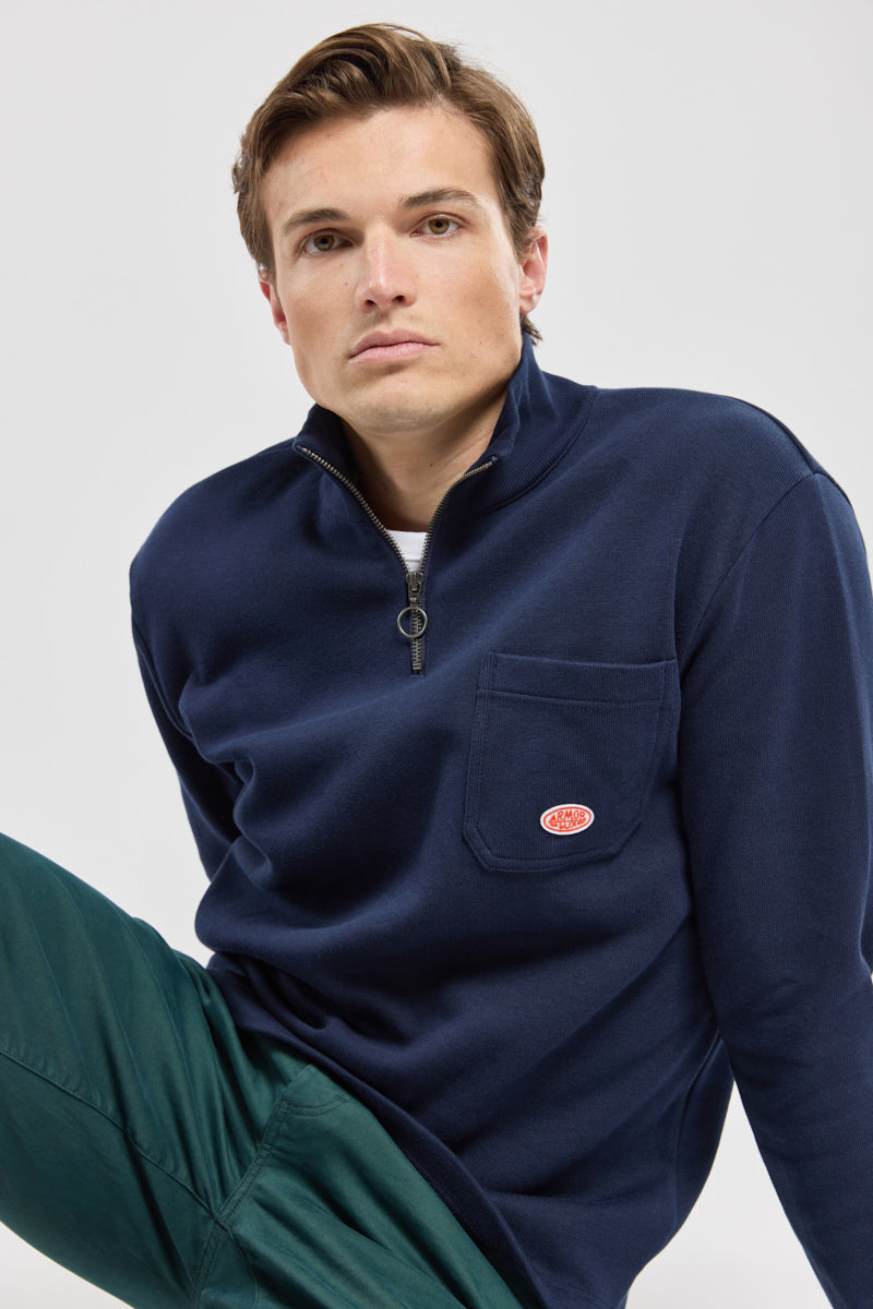Sweatshirt with zipped collar - thick cotton - Men - Marine deep