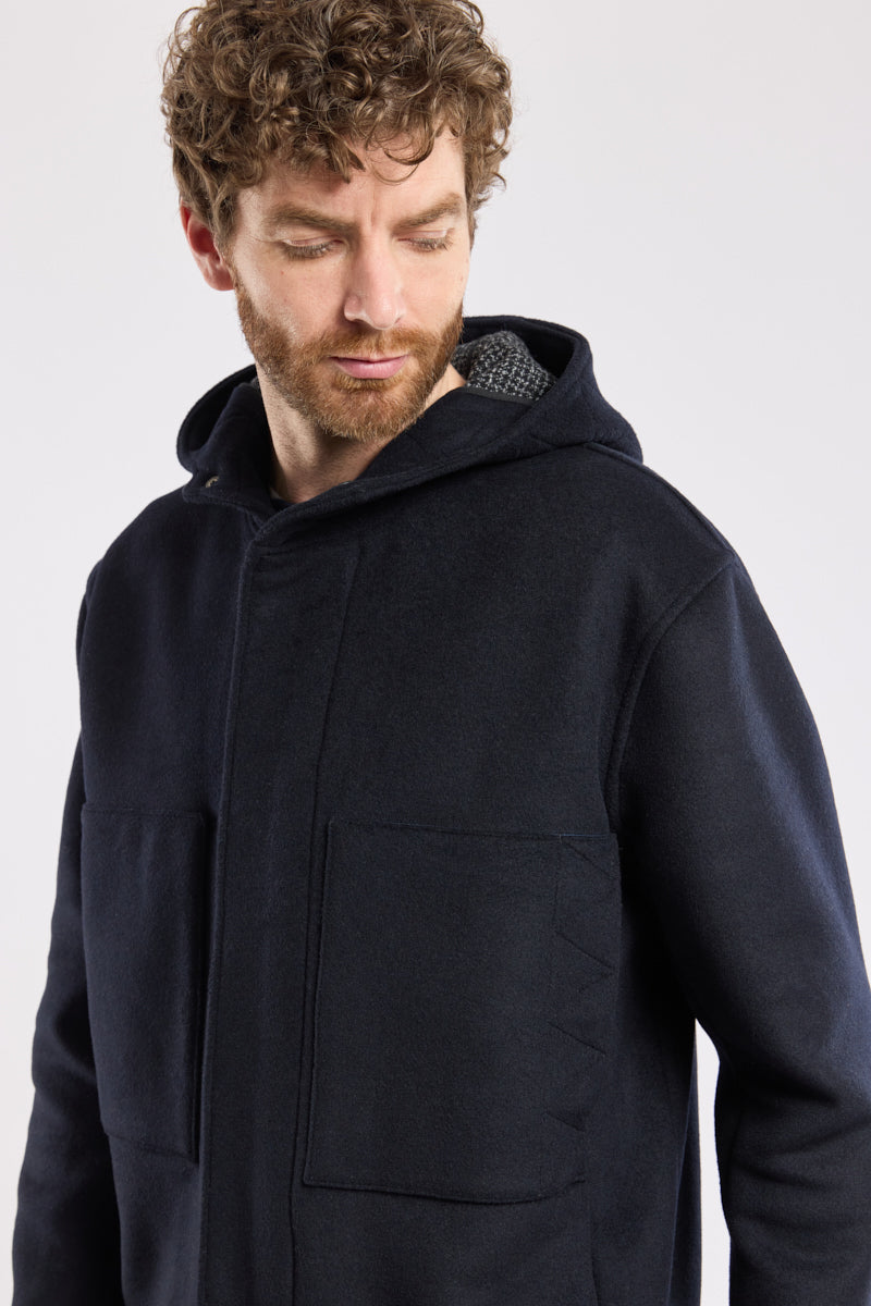 Hooded Breton kabig - wool - Men - Rich Navy/ micro motif gris