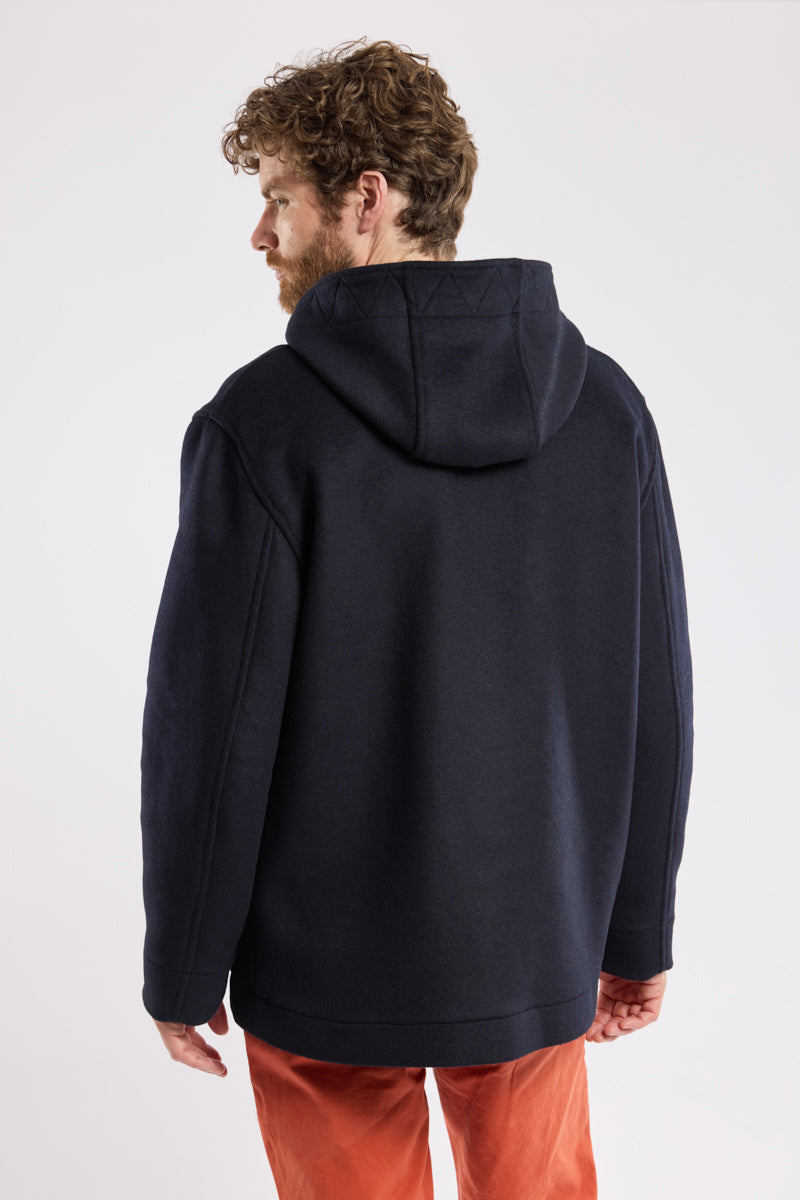 Hooded Breton kabig - wool - Men - Rich Navy/ micro motif gris