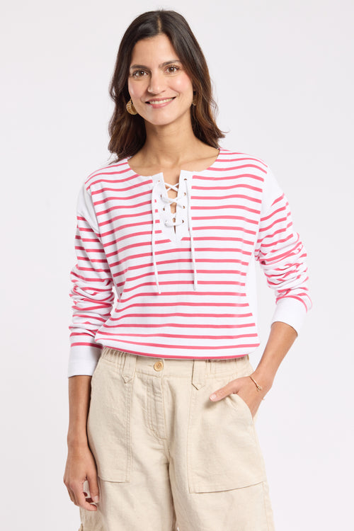 Lace-up collar Breton striped shirt - thick cotton - Armor-lux - 1