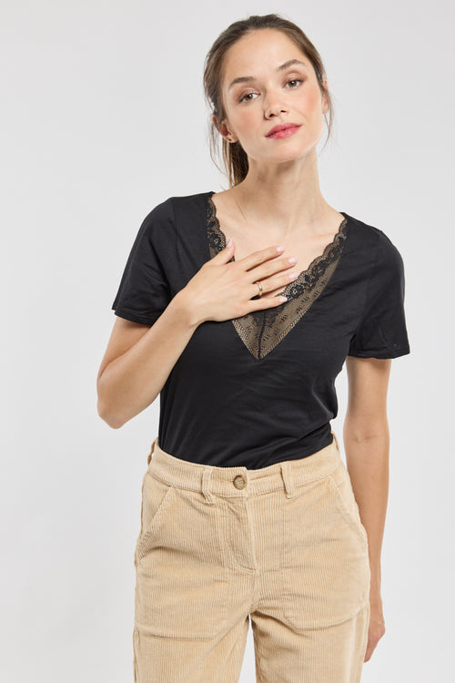 T-shirt col dentelle - coton retors issu de l