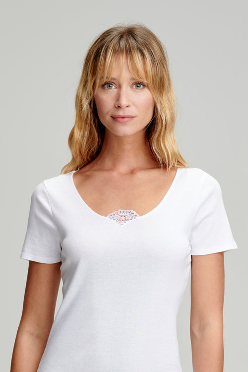 T-shirt col dentelle - coton léger issu de l