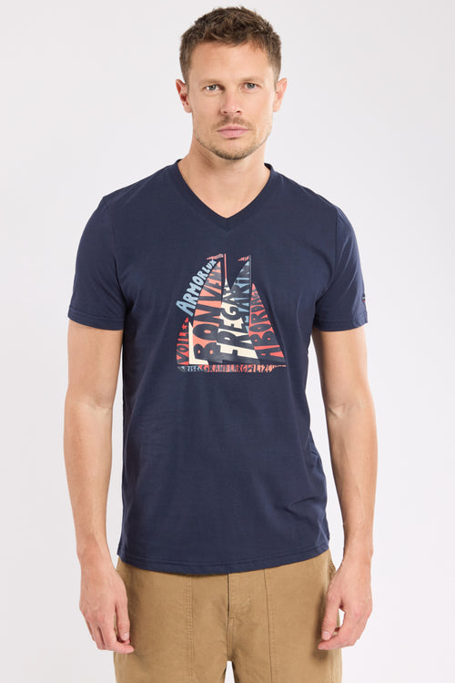 T-Shirt mit V-Ausschnitt und Siebdruck – Baumwolle - Armor-lux - 1