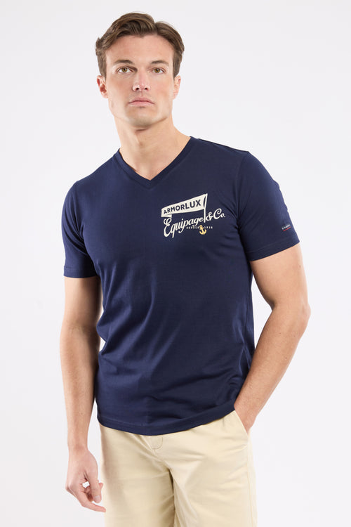 T-Shirt mit V-Ausschnitt und Siebdruck – Baumwolle - Armor-lux - 1