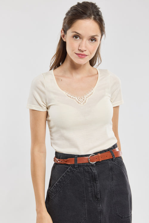 T-shirt col dentelle - laine et soie - Armor-lux - 1