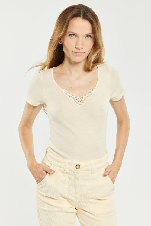 T-shirt col dentelle - laine et soie - Armor-lux - 1