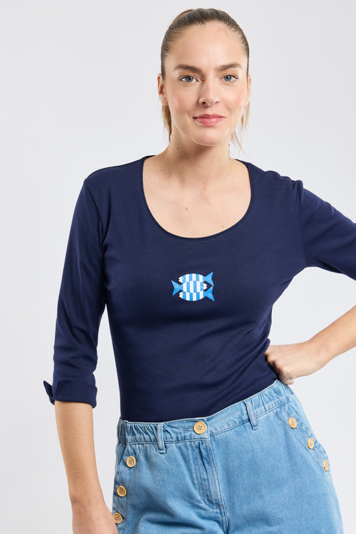 Fish pattern T-shirt with 3/4-length sleeves - lightweight cotton - Armor-lux - 1