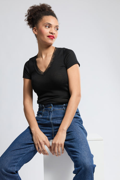 T-shirt col dentelle - laine et soie - Armor-lux - 1