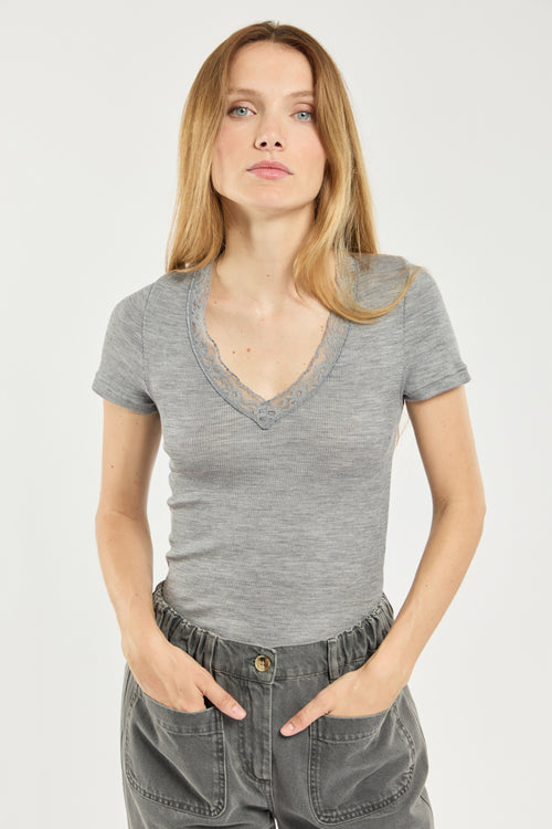 T-shirt col dentelle - laine et soie - Armor-lux - 1