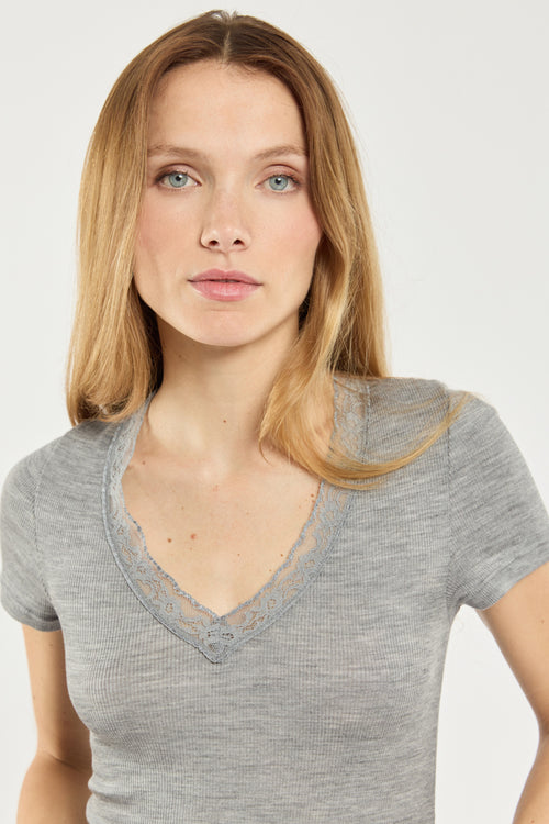 T-shirt col dentelle - laine et soie - Armor-lux - 2